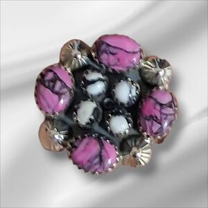 CHERRY BLOSSOM DAHLIA AND WHITE BUFFALO TURQUOISE 925 SS RING ADJUSTABLE 7-10